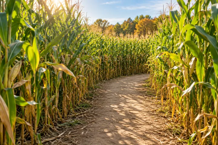 A sunlit path winding through tall corn