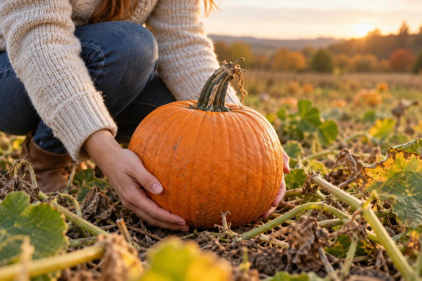 Hands supporting a pumpkin among vines in a field